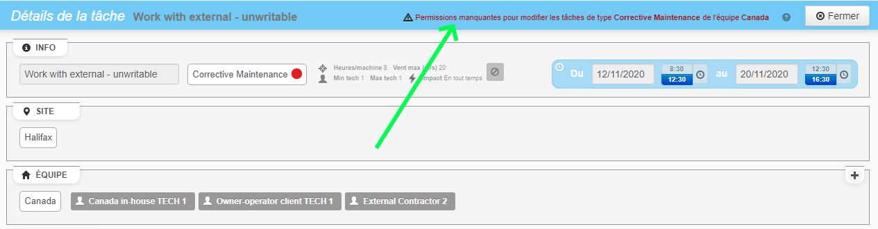 Avertissement de permissions limitées.